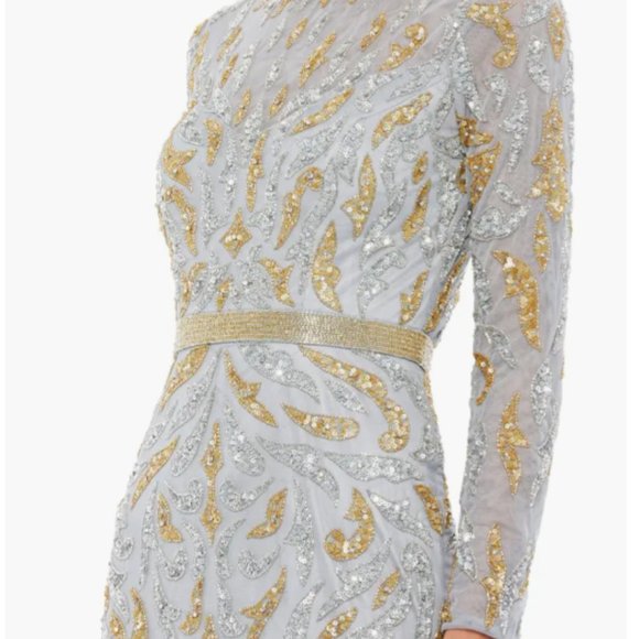 MAC DUGGAL BEADED LONG SLEEVE PLATINUM GOLD EVENING GOWN sz 6 - Picture 2 of 3